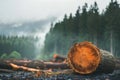 Deforestation issue with sawn tree trunk in foreground