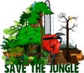 Deforestation jungle vector illustration. Vector Rainforest destroyed with animals.