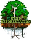 Deforestation jungle vector illustration. Vector Rainforest destroyed with animals.