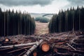 Deforestation. Logging in forest. Generative Ai Art. Landscape view with trees cut