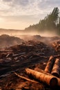 Deforestation. Many trees cutted on the ground by forest. Generative AI