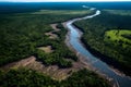 Deforestation of the rainforest, a river with tree trunks cut on the shore Royalty Free Stock Photo