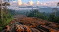 Deforestation: stacks of logs filling rainforest valley after logging Royalty Free Stock Photo