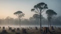 Deforested area with tree stumps in a misty forest during early morning. Royalty Free Stock Photo