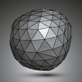 Deformed galvanized 3d abstract object, grayscale asymmetric spherical element.