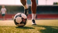 With a deft touch, the footballer brings the ball under command. Generative AI Royalty Free Stock Photo
