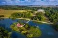 Deg, Hungary - Aerial panoramic view of the beautiful Holland house on a small island at the village of Deg with Festetics Palace Royalty Free Stock Photo