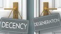 Degeneration or decency as a choice in life - pictured as words decency, degeneration on doors to show that decency and Royalty Free Stock Photo