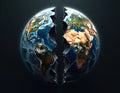 Deglobalization world crisis concept. AI generated earth planet cracked into two pieces. Broken globe disaster apocalypse orb