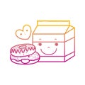 Degraded line kawaii donuts with milk box and heart