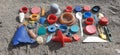 degraded still life of plastic caps and different plastic pieces found on the beach, gradient color of plastic parts