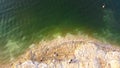 90 degree aerial view of people bank fishing in early morning at Lavon Lake, Texas, America