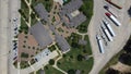 90-degree aerial view row of semi-truck, trailers, logistic containers parked at truck stops in Highway Interstate 10 rest area, Royalty Free Stock Photo