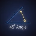 45 degree angle neon icon, isolated icon with angle symbol and text