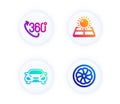 360 degree, Car and Sun energy icons set. Fan engine sign. Virtual reality, Transport, Solar panels. Vector