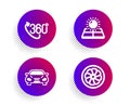 360 degree, Car and Sun energy icons set. Fan engine sign. Virtual reality, Transport, Solar panels. Vector