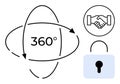 360-Degree Concept Global Interaction, Handshake Icon, and Secure Lock Symbol Royalty Free Stock Photo