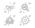 360 degree, Data analysis and Group icons set. Service sign. Virtual reality, Magnifying glass, Managers. Vector