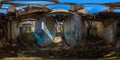 360 by 180 degree full spherical panorama inside of an abandoned half-destroyed dormitory at summer daylight Royalty Free Stock Photo