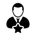 Degree icon vector with star male user person profile avatar symbol for rating in a glyph pictogram