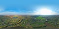 360-degree panoramic aerial view from drone to River and fields. Beautiful River and Green Meadows. Turn right. Majestic Royalty Free Stock Photo