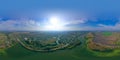 360 degree pano of Beautiful River in the town. Blue sky. Beautiful bright landscape photography with drone on a autumn