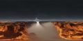 360 degree panorama with abandoned mars` highland canyons after sandstorm with ground fog at dusk Royalty Free Stock Photo