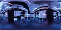 360 degree panorama of neon light industrial basement room with cyber punk design and neon blue and violet lights 3d