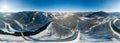 360 degree panoramic aerial view nature and picturesque landscapes near a mountain with a green river Katun and bridge on a winter Royalty Free Stock Photo