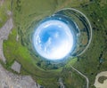 360 degree panoramic image of an world turned inside out with green meadows around an oval sky with clouds