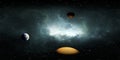 360 degree space background with Exoplanets or Extrasolar planets, nebula and stars, equirectangular projection, environment map.