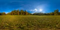 360 by 180 degree spherical panorama of sunny autumnal mowed meadow and yellow forest on its edges with blue sky and Royalty Free Stock Photo