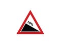10% degree steep desscend traffic sign - symbol - red triangle
