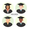 Degree student faceless avatars, males and female in mortarboard caps