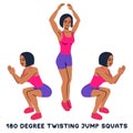 180 degree twisting jump squats. Sport exersice. Silhouettes of woman doing exercise. Workout, training