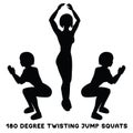 180 degree twisting jump squats. Sport exersice. Silhouettes of woman doing exercise. Workout, training