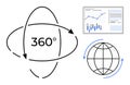 360-degree view concept with rotating globe, data visualization graph, and infographic elements