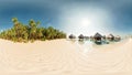 360 degree view of palm island with bungalows and leaning palms 3d render