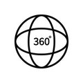 360 degree view. Logo of tour, globe and vision. Line icon for video, panorama of camera and full rotate. Round symbol of degrees