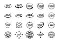 360 degree views of vector circle icons set isolated from the background. Signs with arrows to indicate the rotation or panoramas Royalty Free Stock Photo