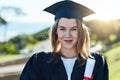 This degree will open plenty of doors for me. Portrait of a young student holding her diploma on graduation day. Royalty Free Stock Photo