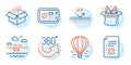 Safe box, Open box and Uv protection icons set. 360 degrees, Air balloon and Swimming pool signs. Vector Royalty Free Stock Photo