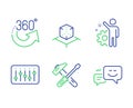 360 degrees, Augmented reality and Dj controller icons set. Employee, Hammer tool and Happy emotion signs. Vector