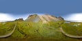 360 degrees Icelandic aerial landscape with a viking village in Stokksnes. Equirectangular projection environment map