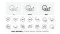 360 degrees line icons. Rotate arrow, VR panoramic simulation, Full rotation. Line icons. Vector
