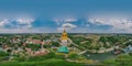 360 degrees panorama aerial view of big ancient golden mediated buddha at Wat Muang Temple