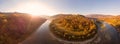 180 degrees panoramic landscape colorful autumn in Carpathians, Eastern Beskids. Aerial drone view of scenic natural landscape, Royalty Free Stock Photo