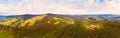 180 degrees panoramic landscape of countryside, aerial drone view of nature in Carpathians. Sunset time, end of summer