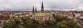 180 degrees panoramic landscape of Lviv city with old Neo-Gothic style church of Sts. Olha and Elizabeth. Aerial drone view of old