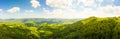 180 degrees scenic panoramic landscape of nature in Carpathians, Ukraine. Beautiful mountains and forests on slopes Royalty Free Stock Photo